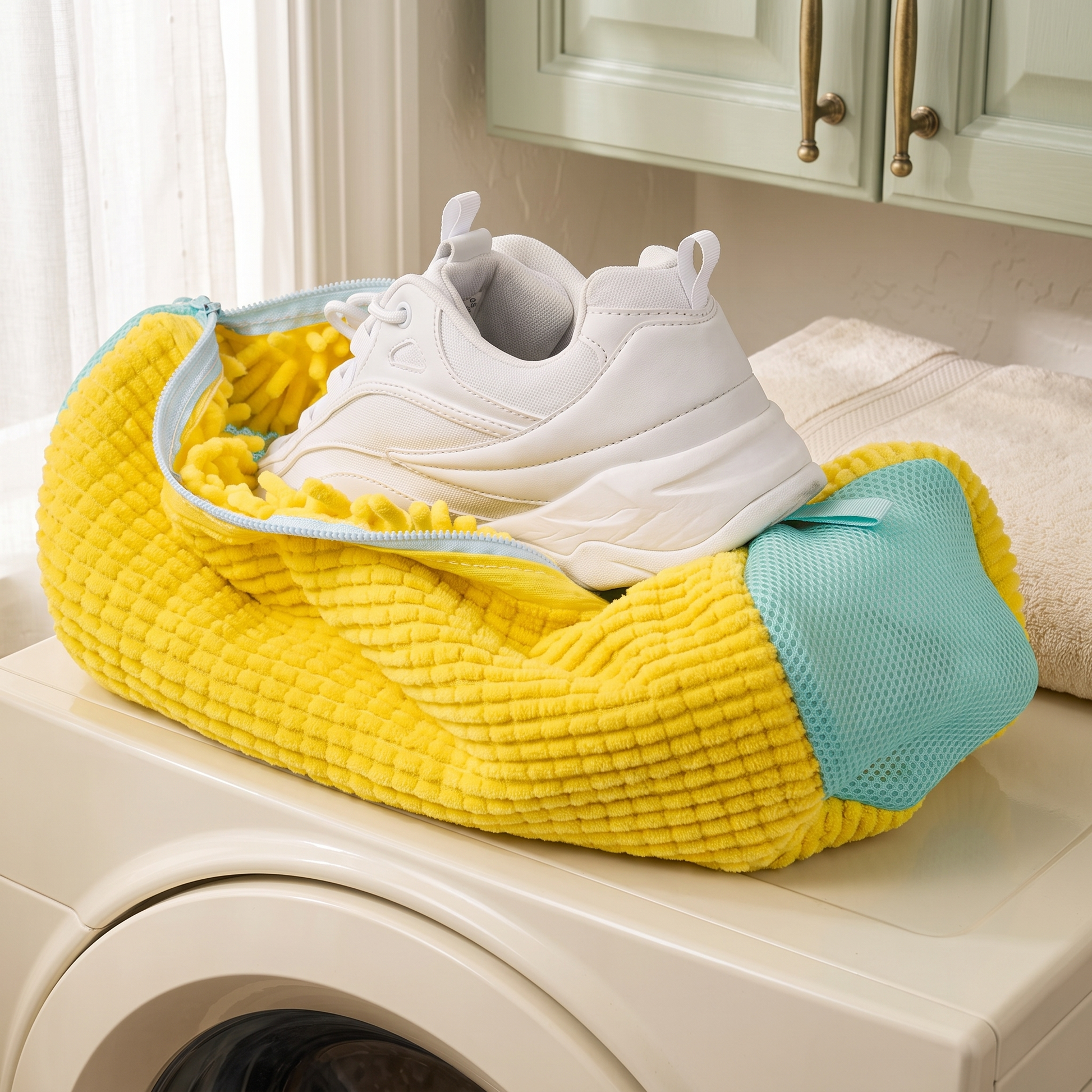 Sac de lavage jaune et basket blanche sur une machine à laver dans une buanderie aux tons crème et sauge